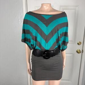 Vintage y2K Bella D Belted Shirt S Tunic Top USA Stripe Mini Polyester F3-15